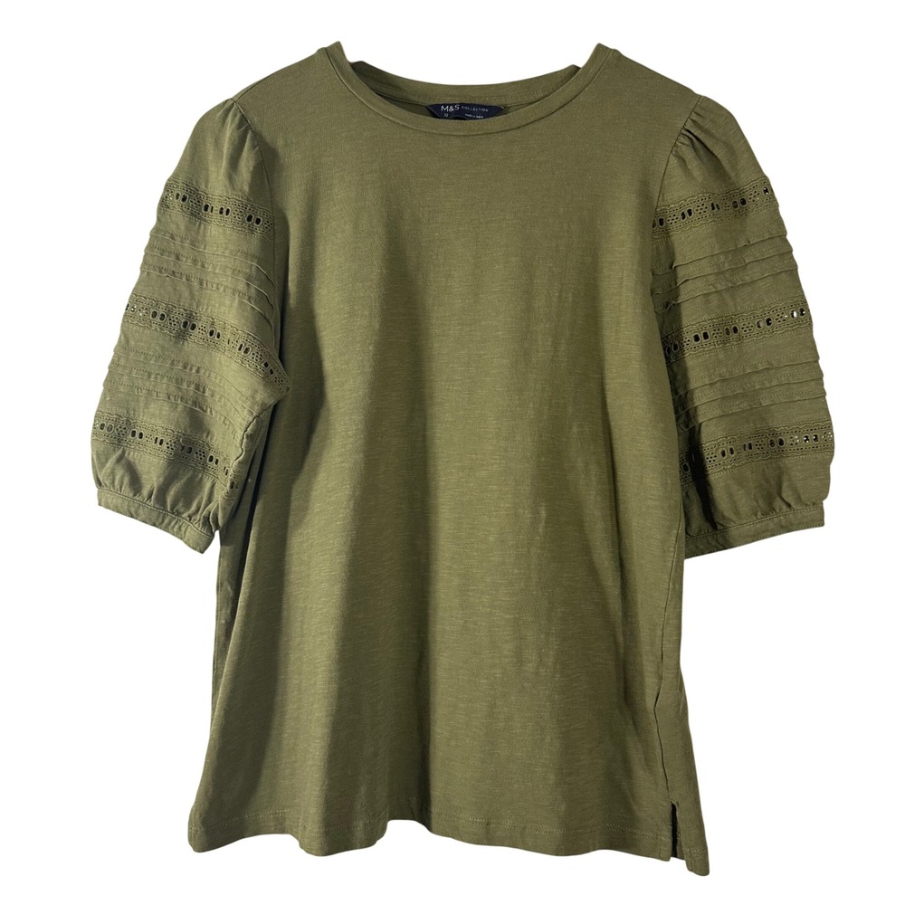 M&S Collection Womens Moss Green‎ Eyelet Lace Puff Sleeve Cotton Top Size 8